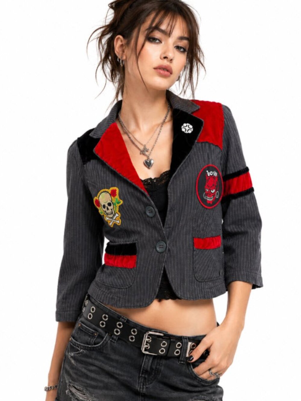 Vintage Empyre Pinstripe Punk Blazer Red Velvet Skull Jacket Medium